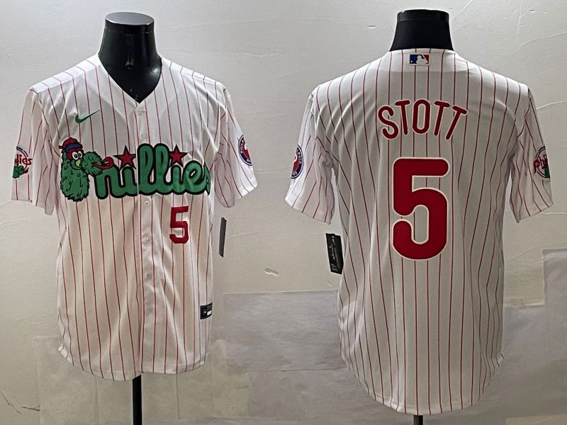 Men Philadelphia Phillies #5 Stott White Stripe Three generations Joint Name Game 2025 Nike MLB Jersey style 4